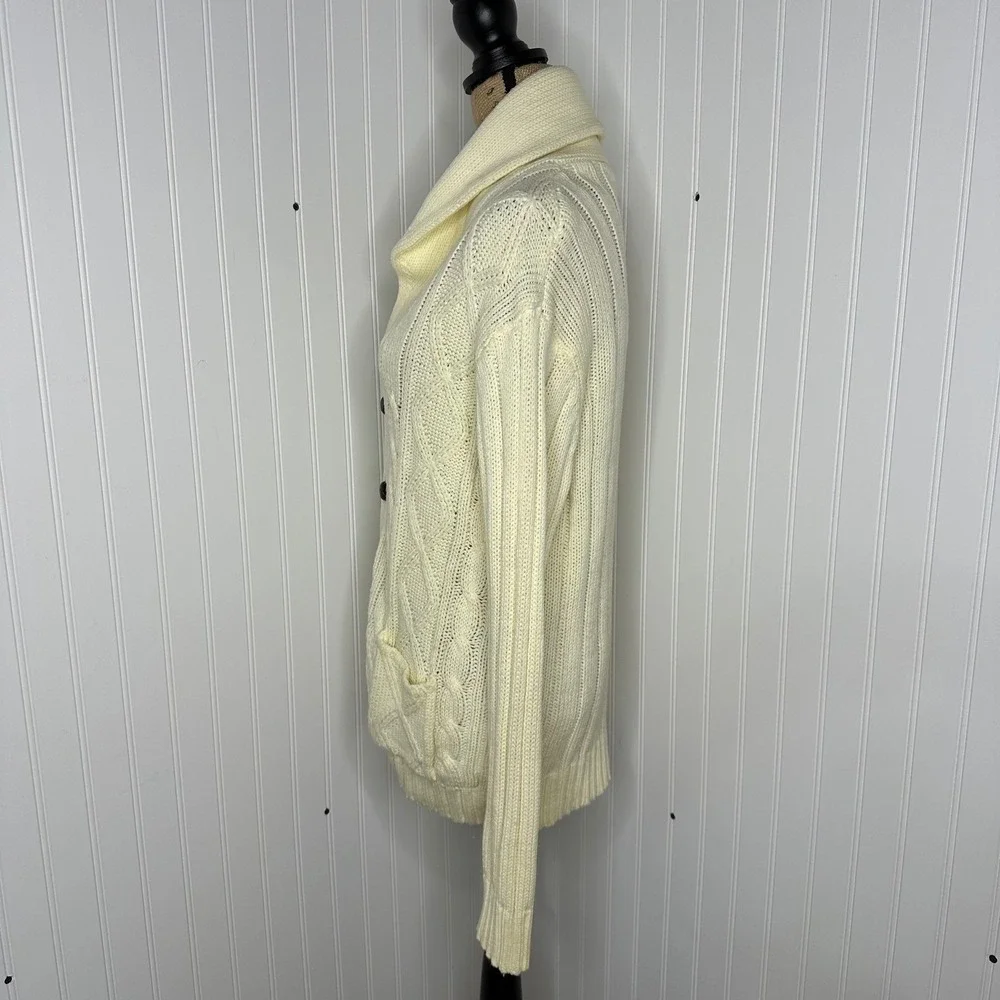 Vintage Unicorn Cable Knit Cardigan Sweater Cream Shawl Collar Fisherman Sz M